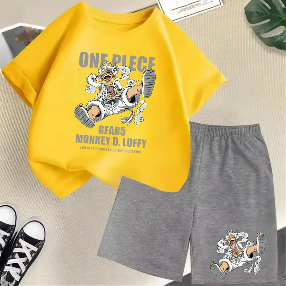 Summer New Cotton Kids T-Shirt Set Luffy Gear 5 One Piece Children Shorts Sport Casual School Outdoor Boys Tracksuit