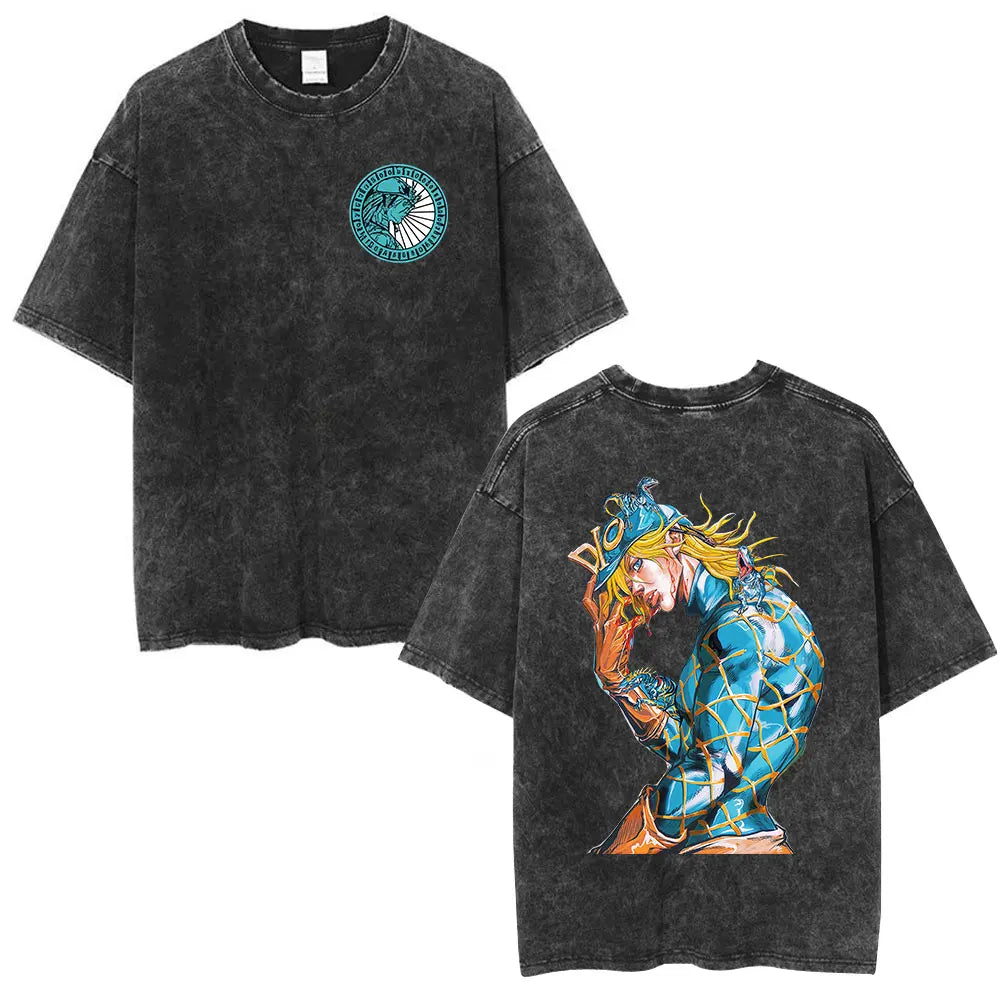 Anime Jojo Bizarre Adventure STEEL BALL RUN Manga Vintage Acid Washed T Shirt Men Women Casual Short Sleeves T-shirt Streetwear
