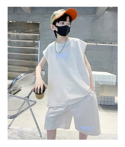 Teenage Summer Tracksuit for Boy with Shorts Tshirt 2 Piece Top and Bottom Clothes Set Kids Child Casual Cotton Outfit Suit Wear