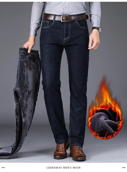 New Men's Fleece Warm Jeans Winter Thicken Plush Velvet Business Office Denim Trousers Brand Clothing Stretch Casual Male Pants