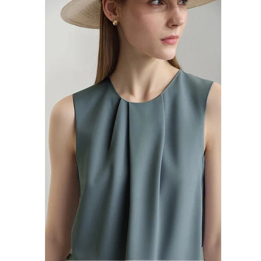 Sleeveless Women's Blouse 2026 Summer O-Neck Asymmetric Chiffon Top For Women Elegant Pleated Office Flowy Shirt 12642060