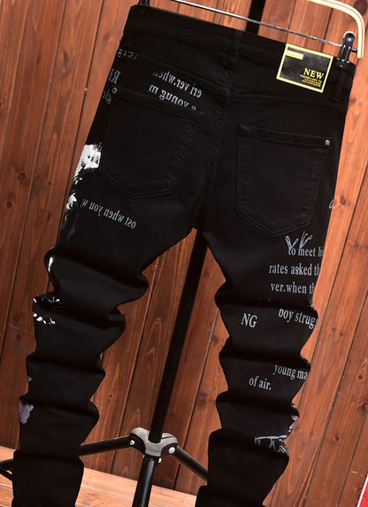 2025 Spring and Autumn New Fashion Trend Printed Black Straight Leg Jeans Men's Casual Comfort Breathable High Quality Pants