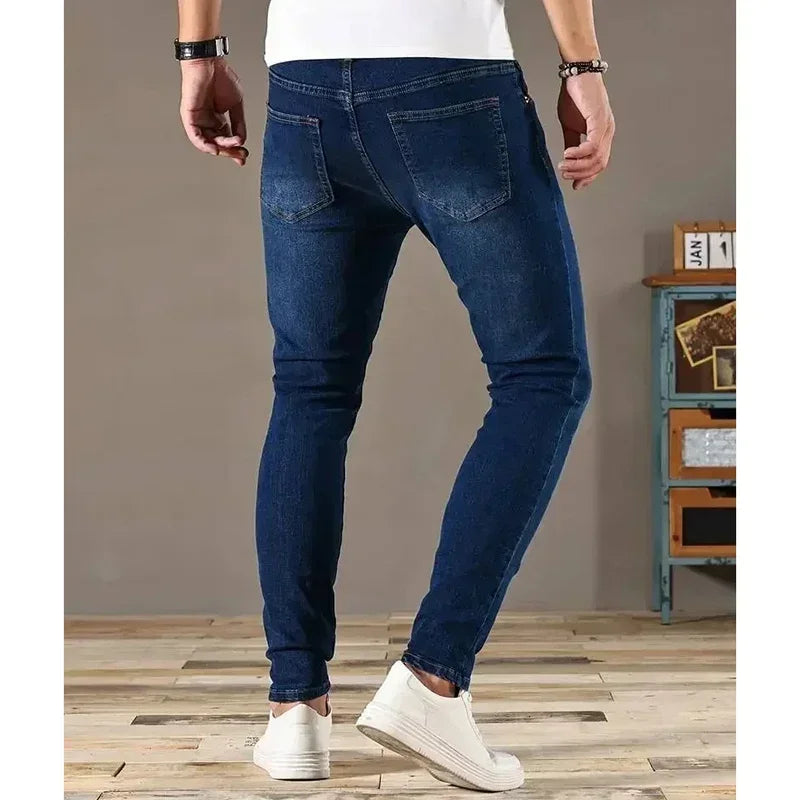 Men Narrow Leg Jeans Male Straight Leg Slim Pencil Denim Pants Classic Casual Daily Stretch Skinny Trousers
