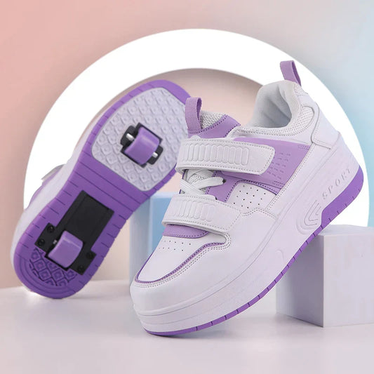 Autumn 2025 Kids Walking Shoes Detachable Double Wheel Roller Skates Boy Leather Student Shoe Four Wheeled Children Shoes Girl