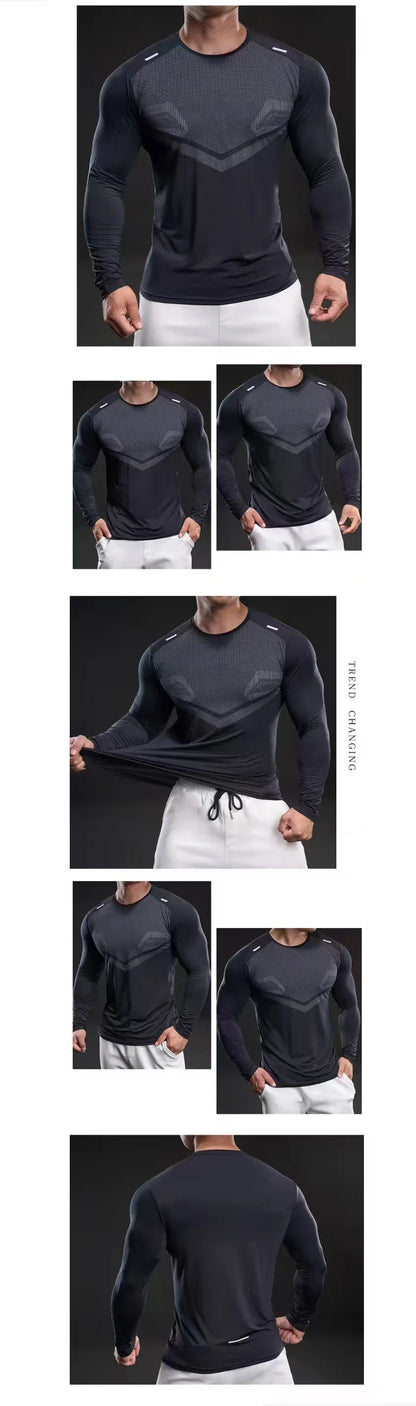 Loose-fit men's plain quick-dry breathable ice silk long-sleeve T-shirt for summer fitness and sports