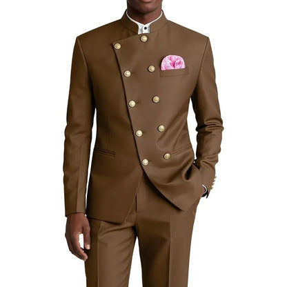 Men's Chinese Style Suit 2 Piece Brown Mandarin Collar Double Breasted With Gold Buttons Formal Jacket Pants For Business Weddin