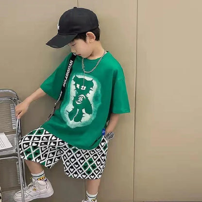 Summer Boys Cotton Short-Sleeved T-shirt Tops+Drawstring Shorts Pant School Kids 2PCS Tracksuit Child Outfit Workout Set 3-14 Yr