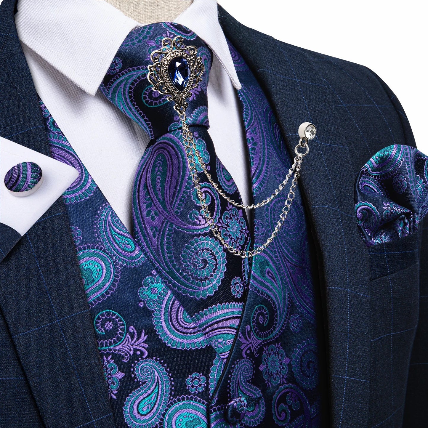 New Teal Green Paisley Formal Dress Vest Men's Suit Vest Waistcoat Tie Brooch Pocket Square Set for Tuxedo