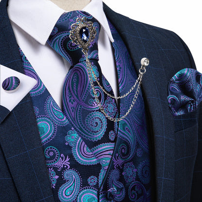 New Teal Green Paisley Formal Dress Vest Men's Suit Vest Waistcoat Tie Brooch Pocket Square Set for Tuxedo