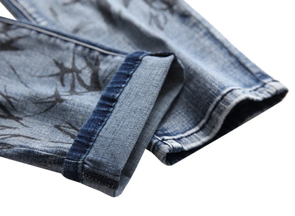 2026 Men's Blue 3D Printing Jeans, Black Wolf Pattern Printed Punk Straight Cotton Casual Print Denim Pants Asian Size 28-42