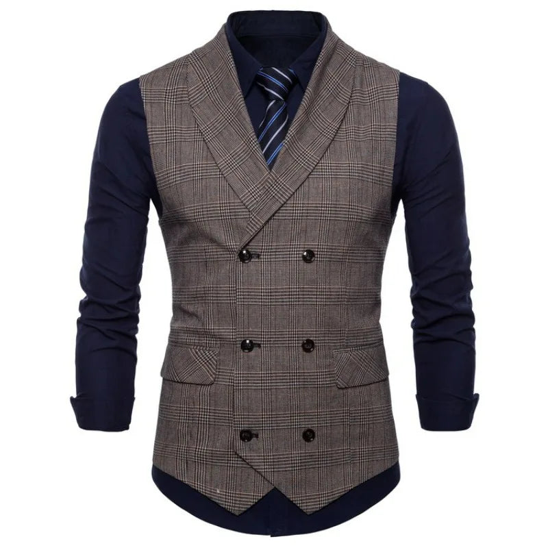 Men Vest Vintage Plaid Turn Down Collar Male Suit Vest Slim Double-breasted Sleeveless Business Casual Man Waistcoat