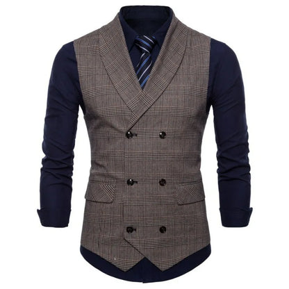 Men Vest Vintage Plaid Turn Down Collar Male Suit Vest Slim Double-breasted Sleeveless Business Casual Man Waistcoat