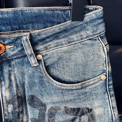 High-quality Blue Jeans Men's 2025 Spring and Summer European Wear Cargo Brand Letter Printing Ink Splashing Straight-leg Pants