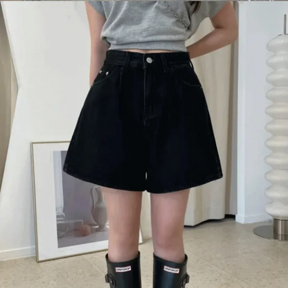 2024 New High Waist Washed Women's Denim Wide Leg Shorts Summer Buttons Casual Female Blue Jeans Trouses Pockets