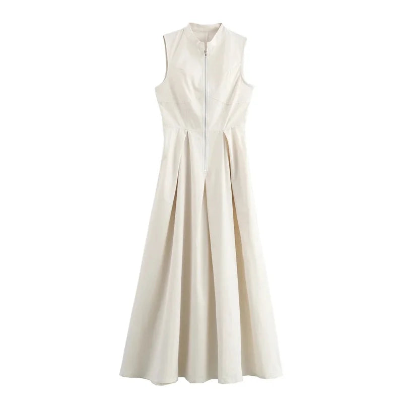 Zipper Long Dress Woman Pleated Sleeveless Bodycon Dress Summer Elegant Party Dresses For Women 2025 New Midi Dresses