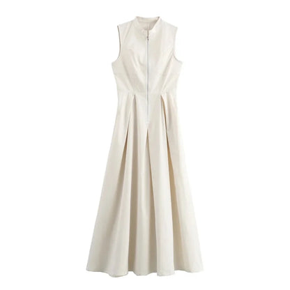 Zipper Long Dress Woman Pleated Sleeveless Bodycon Dress Summer Elegant Party Dresses For Women 2025 New Midi Dresses