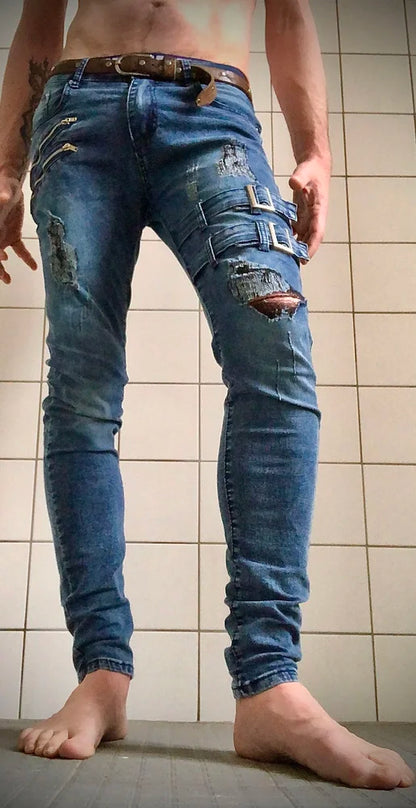 2022 New Jeans Men Fashion Hole Streetwear Straight Jeans Spring Summer Moto & Biker Skinny Casual Denim Pants For Men