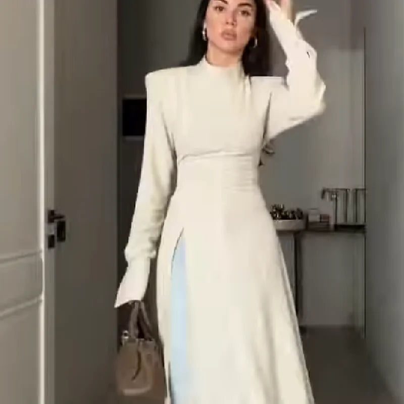 Women's Elegant High Neck Long Sleeve Maxi Dress With Side Slit Shoulder Pad Slim Fit Floor Length Tunic Top Versatile Clothing