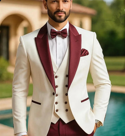 Ivory & Maroon 3 Pieces Men's Suit Custom Wedding Party Prom Business Tuxedo Tailor Made