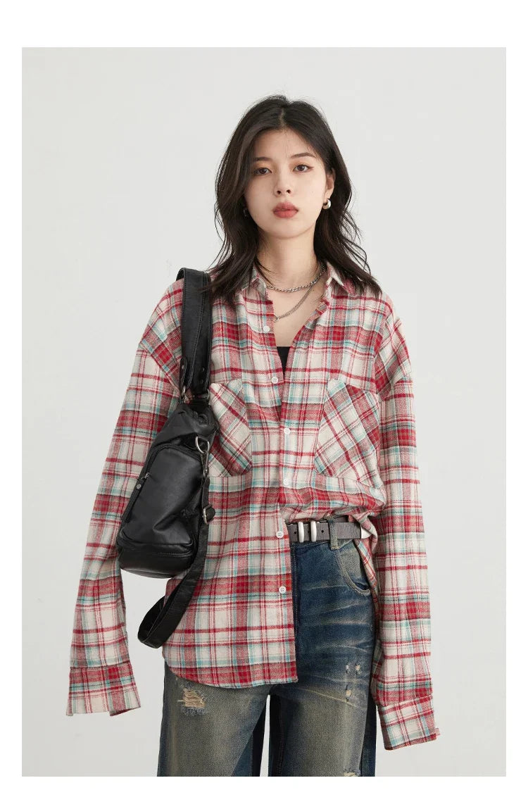 Women's Cotton Shirt Single Breasted Loose New Retro Color Blocked Grid Female Blouses Autumn Spring 2026