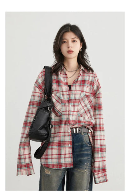 Women's Cotton Shirt Single Breasted Loose New Retro Color Blocked Grid Female Blouses Autumn Spring 2026