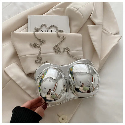 Party Purse Chest Shape PVC Bag For Women 2025 Mini Crossbody Bag Metal Chain Shoulder Bag Luxury Gold Silvery Lipstick Pouch