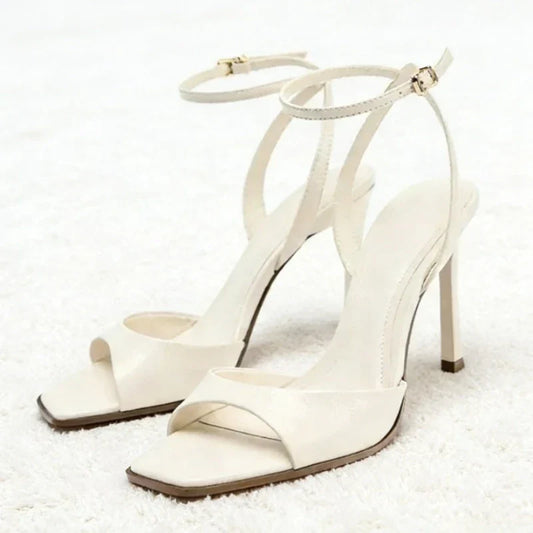 Designer Patent Leather Ankle Strap Buckle Heeled Sandals Women Sexy Square Toe Peep Toe High Heels Summer Elegant Office Shoes