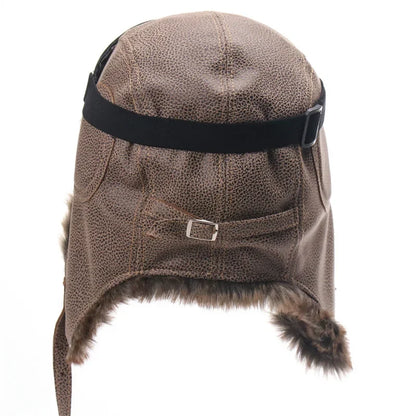 Men Winter Bomber Hat With Goggles Outdoor Motorcycle Windproof Warm Faux Fur Pilot Earflap Hat Leather Thermal Ushanka