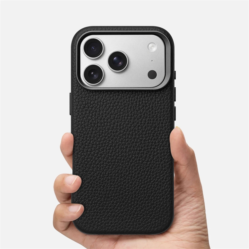 Luxury Business Lychee Texture Leather Shockproof Case For iPhone 17 Pro Max 16 15 14 13 For MagSafe Magnetic Alloy Lens Cover