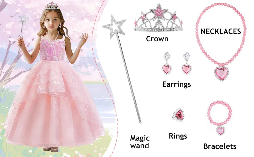 Movie Good Witch Costume Kids Pink Dress With Crown Magic Wand And Gloves For Girls Evil Halloween Birthday Party Prom Outfits