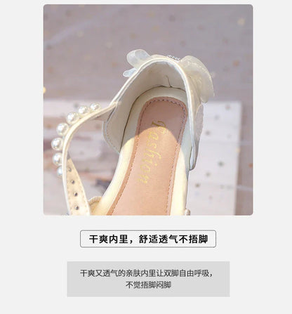 2025Summer Girls Sandals With Heel Fashion Rhinestone Shiny Glitter Shoes Children Princess Bowtie Pearl Dancing Shoes