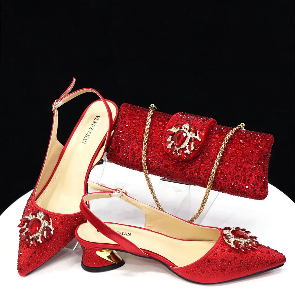 Royal Blue Sandals for Women 2024 Luxury Wedding Pumps Med Heels Rhinestone Design Party Shoes and Bags Set