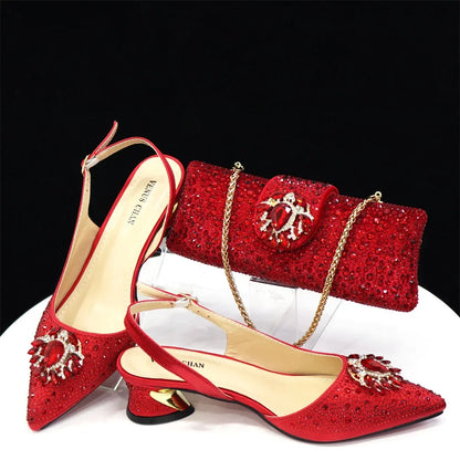 Royal Blue Sandals for Women 2024 Luxury Wedding Pumps Med Heels Rhinestone Design Party Shoes and Bags Set