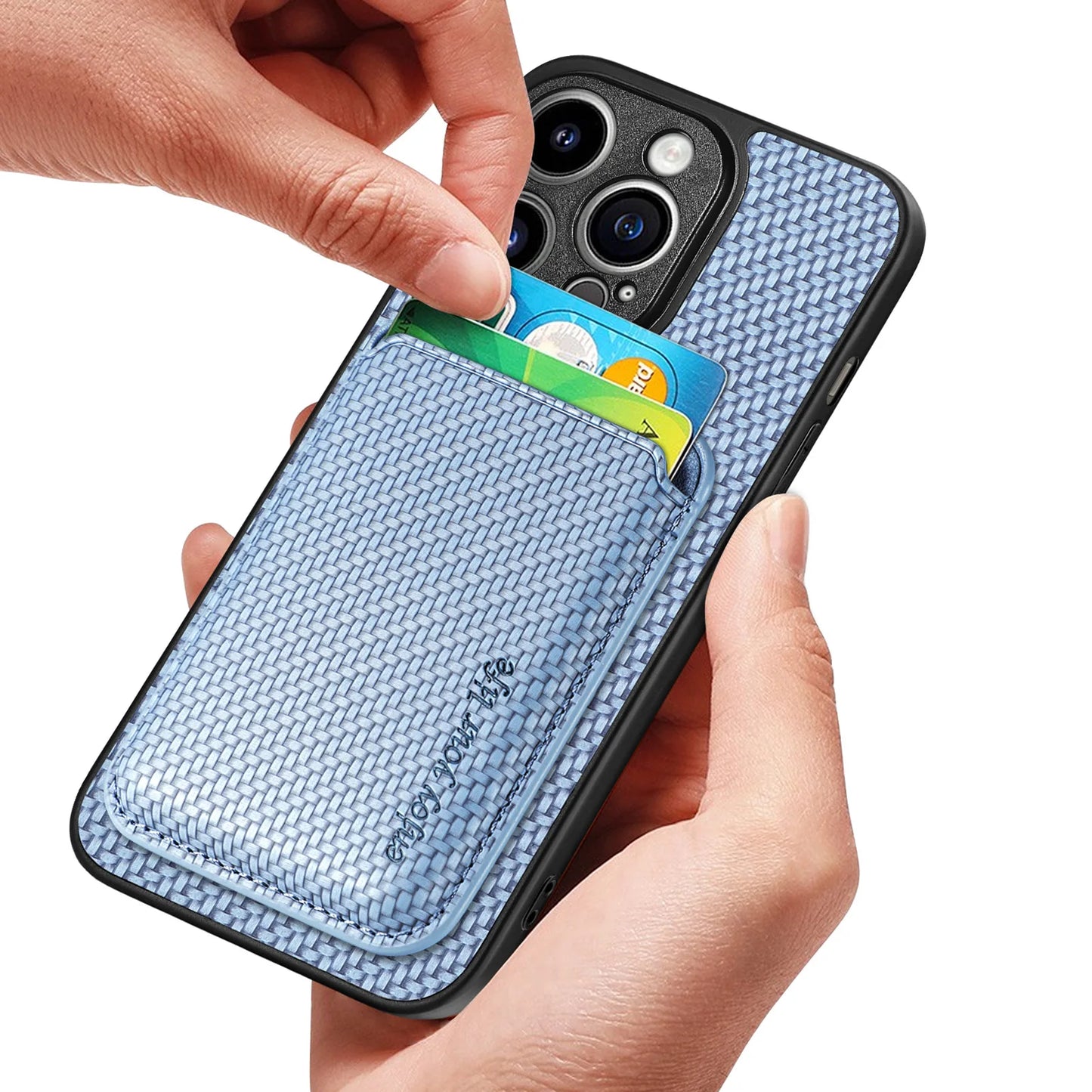 Carbon Fiber Style PU Leather for Magsafe Case for iPhone 17 Air 16 15 Pro Max 16e 14 Plus 11 12 13 Mini Cover Card Holder LM2