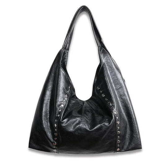 Rivet Women Shoulder Bag Large Capacity Versatile New Soft PU Single Shoulder Underarm Bag Casual Commuting Tote Black Handbag