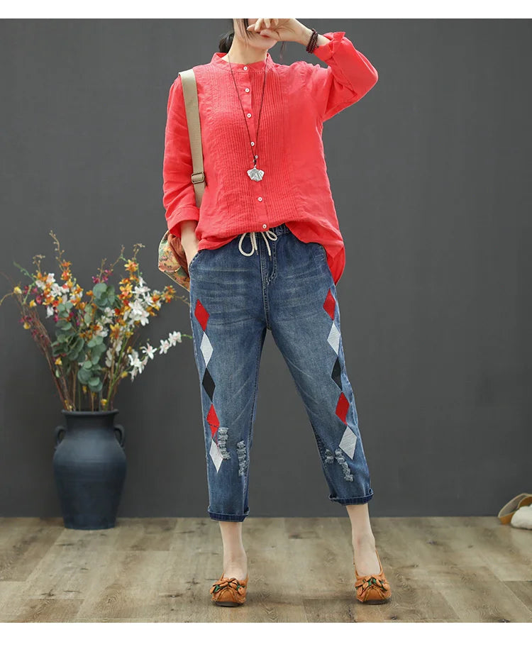 Summer Females Luxury Embroidery Jeans Womens Fashion Vintage Ripped Denim Trousers Loose Holes Elastic Harem Pants