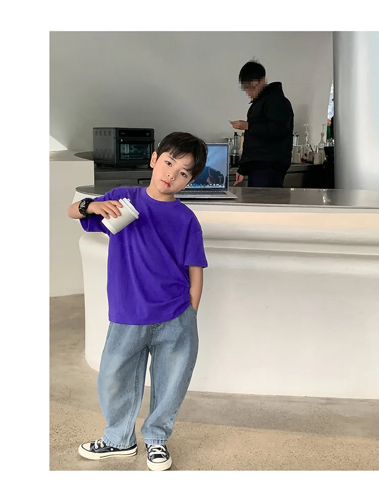 Summer Casual School Kids Cotton Plain Tee Tops Baby and Boys Short-Sleeved T-Shirt Children Outfit Clothing 1-16 Years
