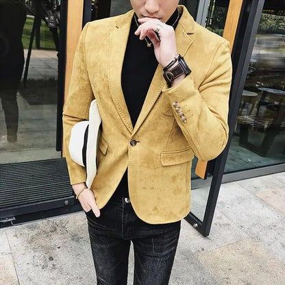 Spring Vintage Suede Suit Jacket Men Casual Business Slim Fit Blazer Deerskin Leather Jacket Men Wedding Street Wear Social Coat