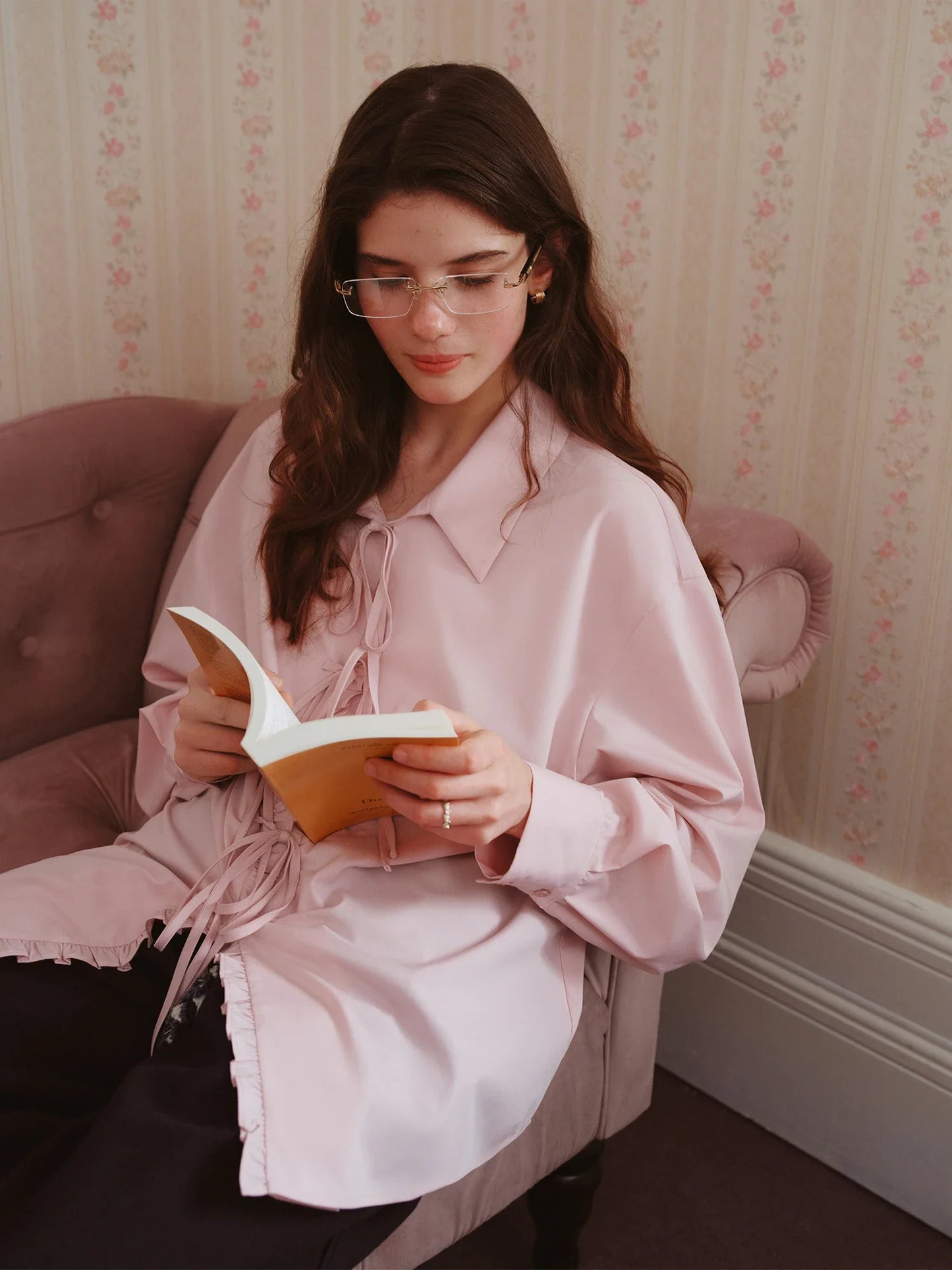 Autumn 2025 Women's French Inspired Blouse - Ruffle Trim Tie Front Loose Fit Shirt Collar Top Soft Blend Daily Wear