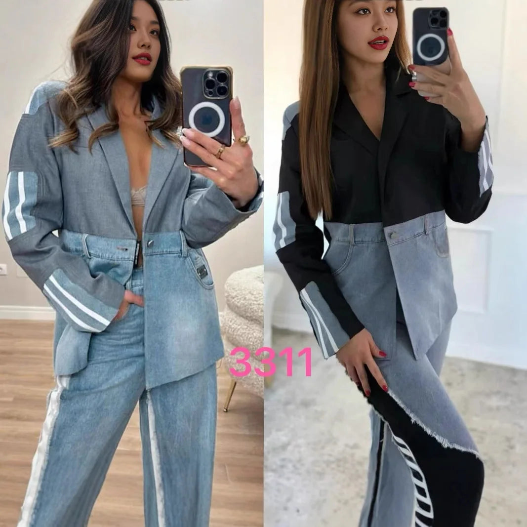 Autumn New Korean-style Fashion Women's Denim Patchwork Notched Single-button Design Suits High Street Casual Blazers