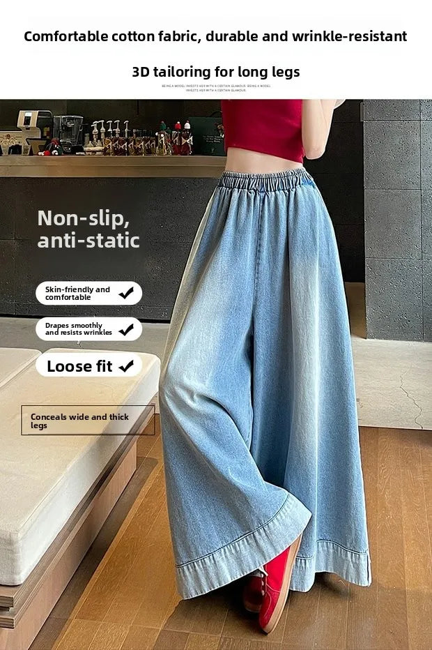 Casual High Waist Wide Leg Jeans Women's Loose Fit Summer Faion plus Size American Sle Cuffed Casual Denim Skirt Pants