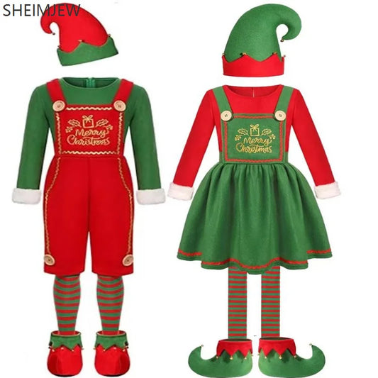 Funny Adult Santa Claus Cosplay Costume Boys Girls Green Christmas Elf Clothes Family Outfit New Year Christmas Dress Set