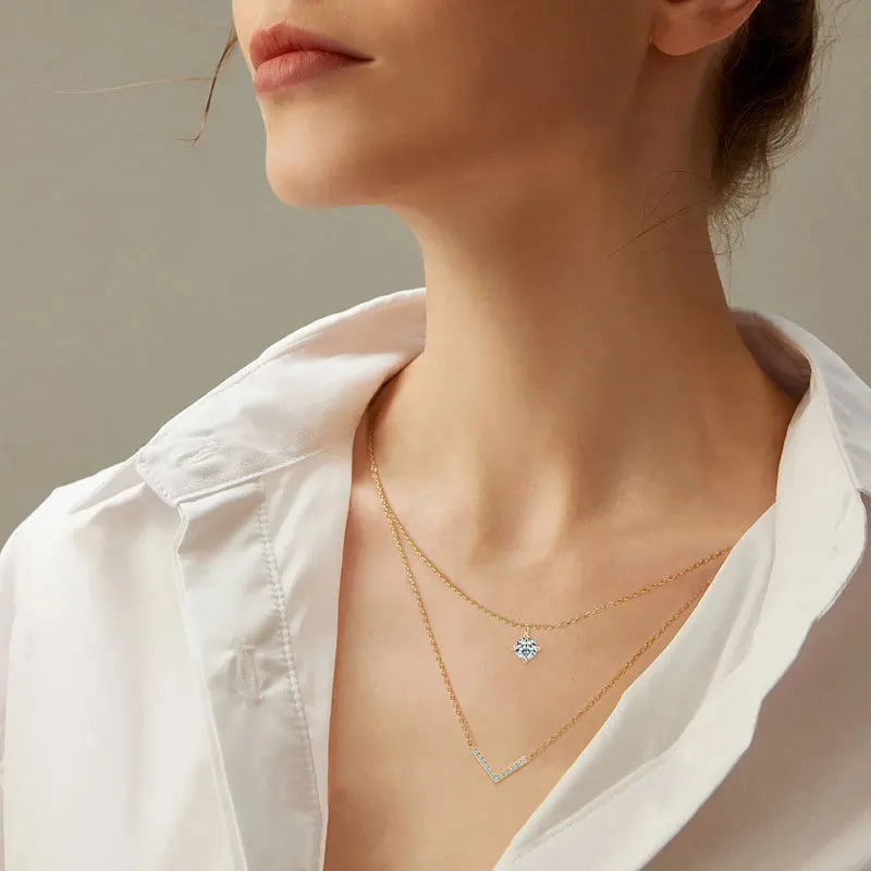 Certified Moissanite V-shape Pendant Double Necklaces Chains for Women S925 Sterling Silver Fine Jewelry Gifts Collares