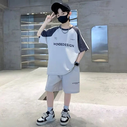Summer Boys Cotton Loose Contrast Alphabet T-Shirt Tops+Shorts Pant School Kids Tracksuit Child 2PCS Outfit Workout Set 5-16 Yr