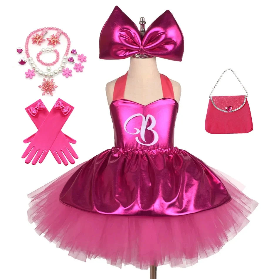 Princess Girls Rosy Knee Length Rose Red Tutu Dresses for Girl Letter B Birthday Party New Year Christmas Costumes Margot Robbie