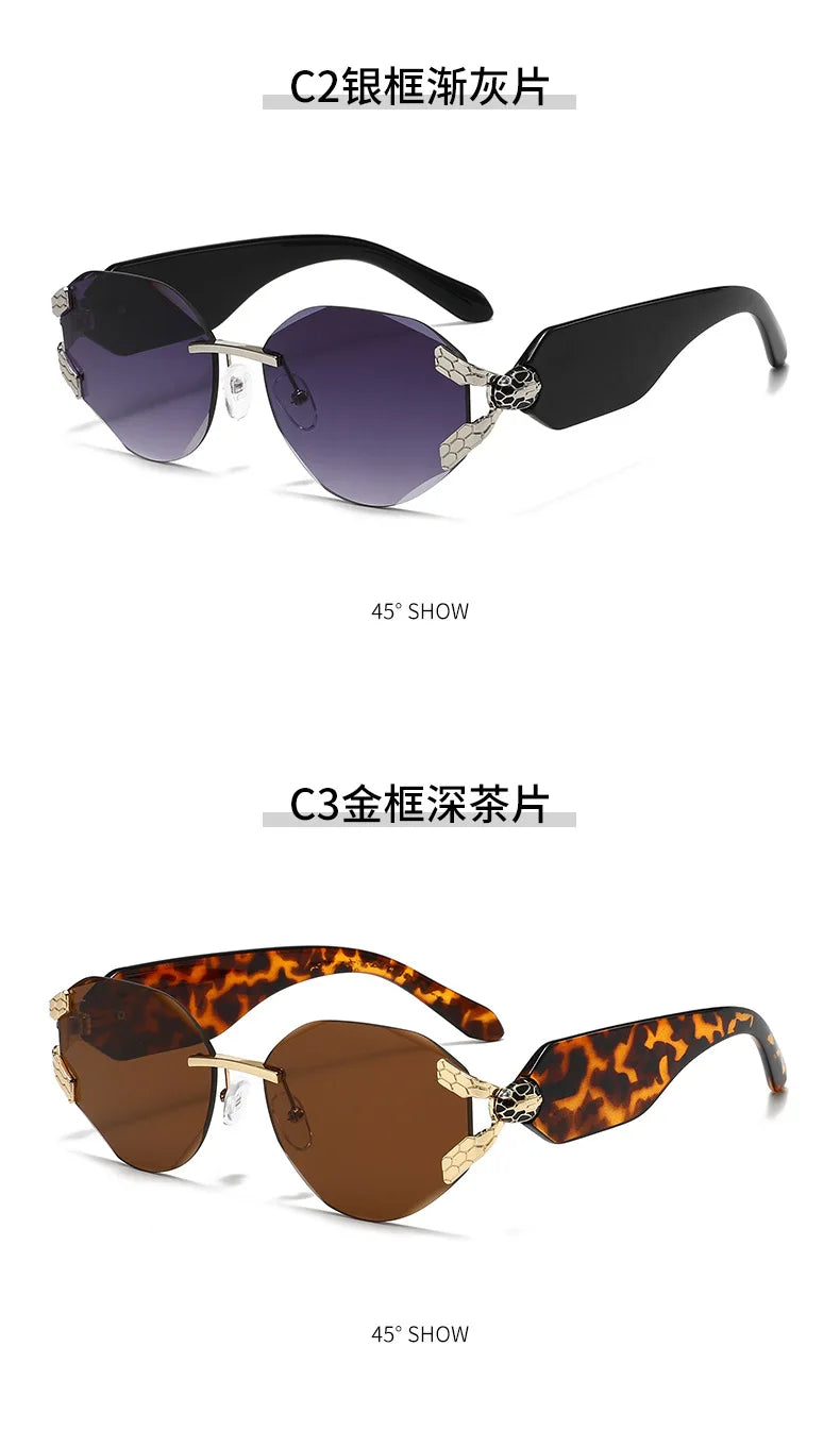 2026 Snake Head Decor Rimless Sunglasses Women's UV400 Protection Shades Wide Temple Gradient Sun Glasses for Street & Driving