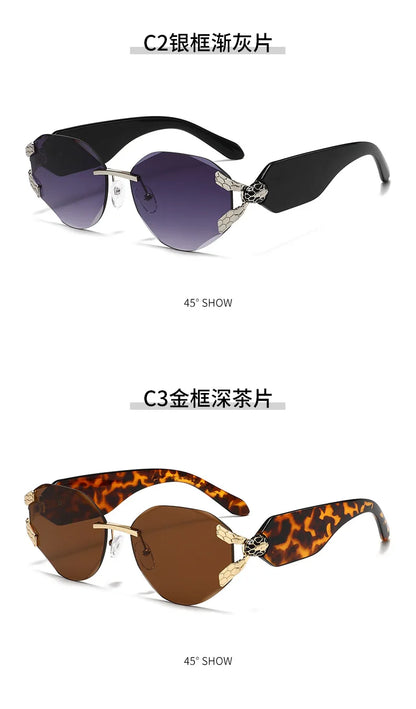 2026 Snake Head Decor Rimless Sunglasses Women's UV400 Protection Shades Wide Temple Gradient Sun Glasses for Street & Driving