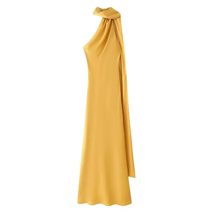 Elegant Long Silk Satin Dress Neck Hanging Pure Color Slim Fit Summer New Fashion Women's Dress City Commuting Casual Wedding
