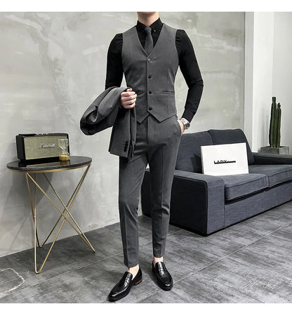 ( Blazer + Vest + Pants ) Boutique Fashion Solid Color Men's Slim Casual Business Suit Three-piece Set Groom Wedding Dress Party