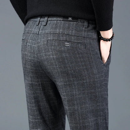 Autumn New Men's Plaid Striped Business Casual Pants Classic Fashionable Straight Elastic Casual Trousers Black Gray Male